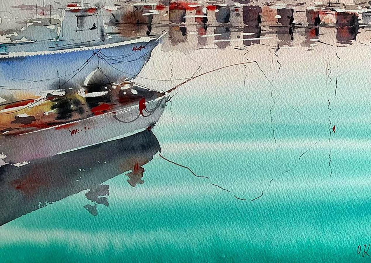 Watercolor painting Dock with Boats Olena Klimenko