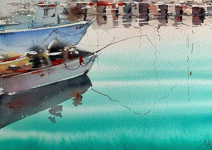Watercolor painting Dock with Boats Olena Klimenko