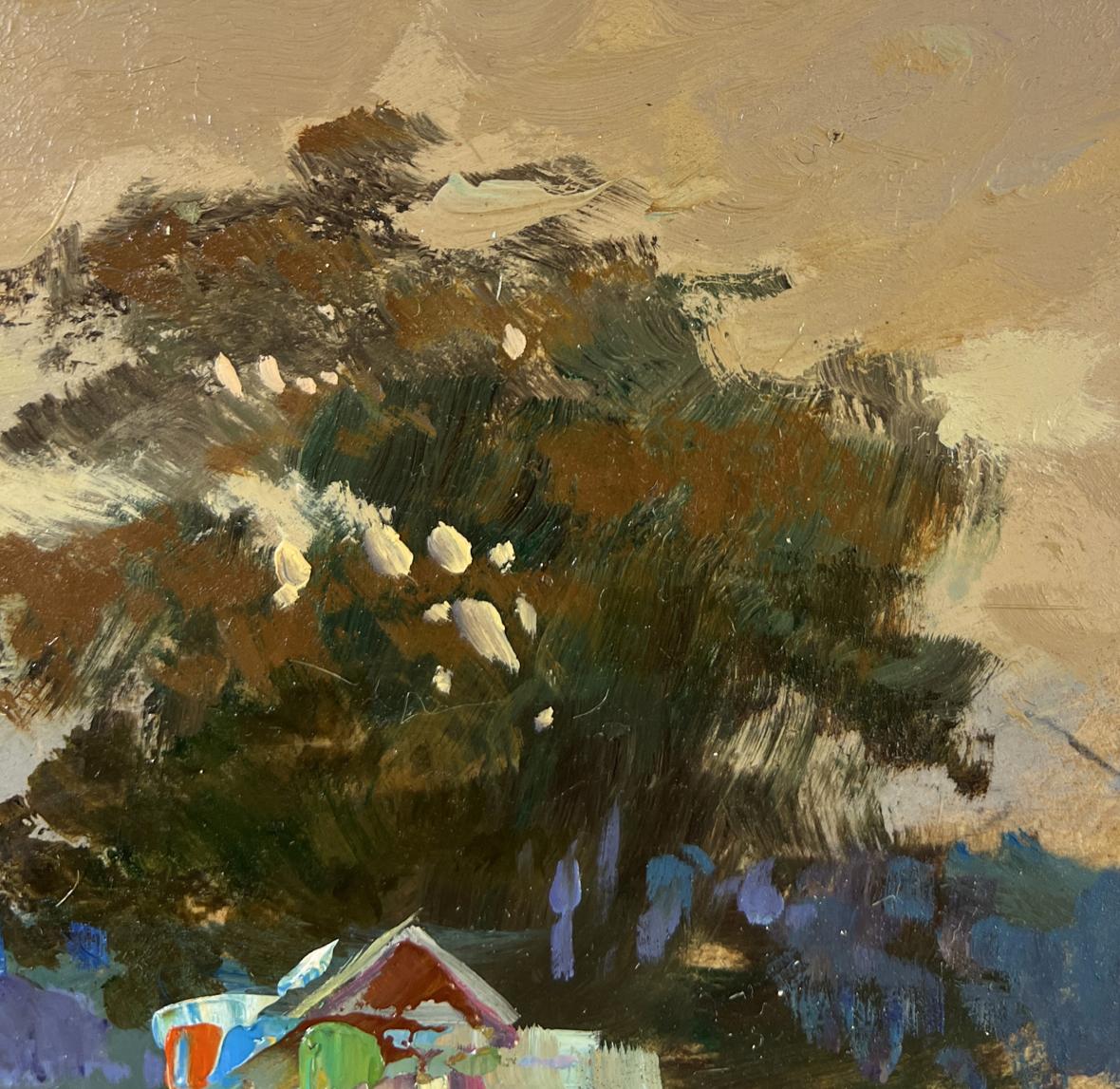 Textured impressionistic oil painting of church over river by Yuriy Suprunchuk