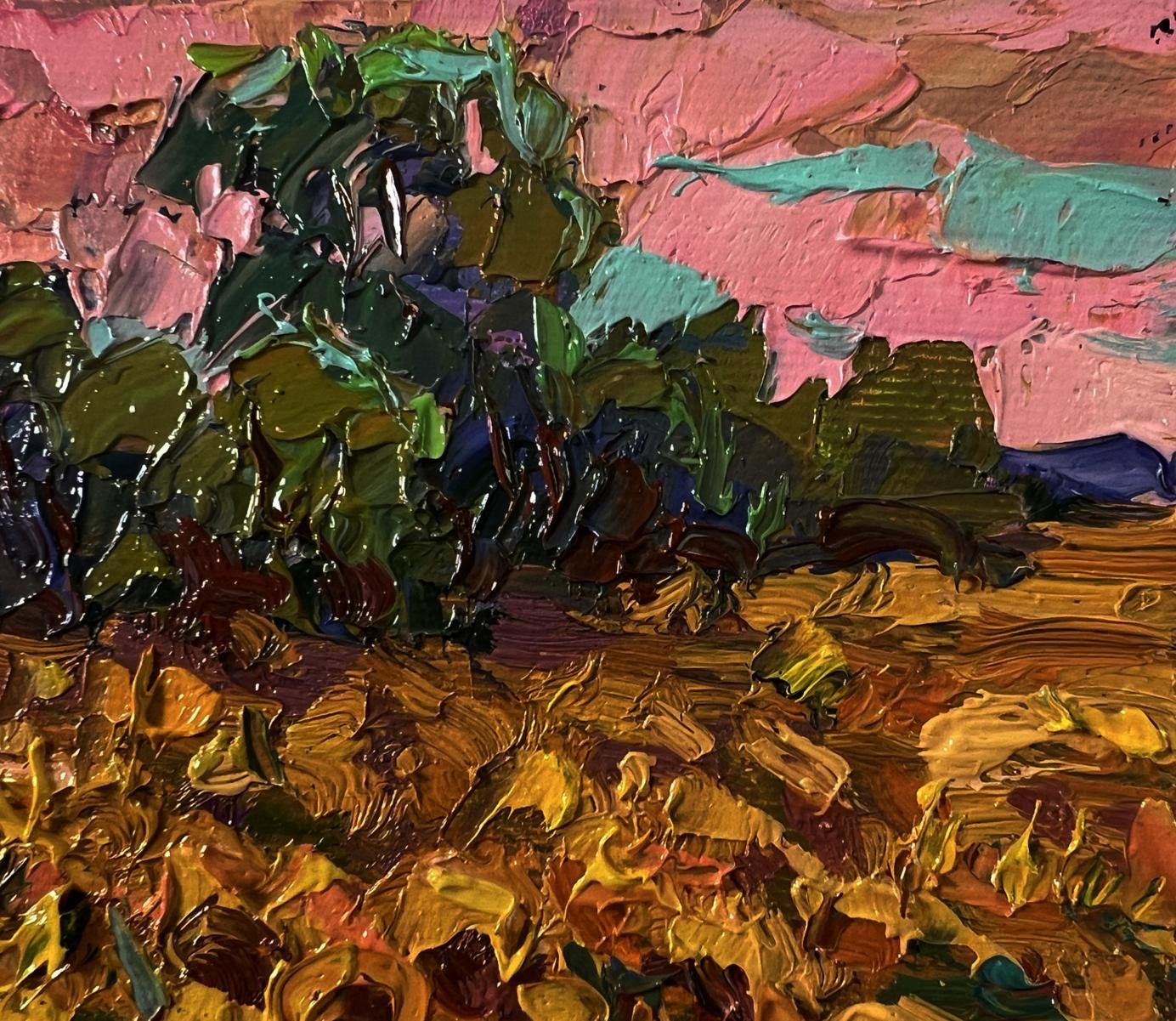 Oil painting Evening Sunflowers by Oksana Ivanyuk with pink sky and green foliage