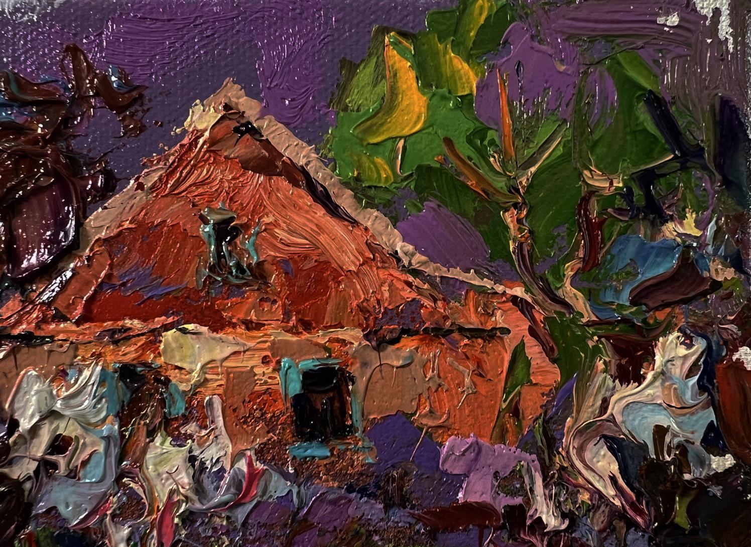 Oil painting Spring in the village by Oksana Ivanyuk with red roofs