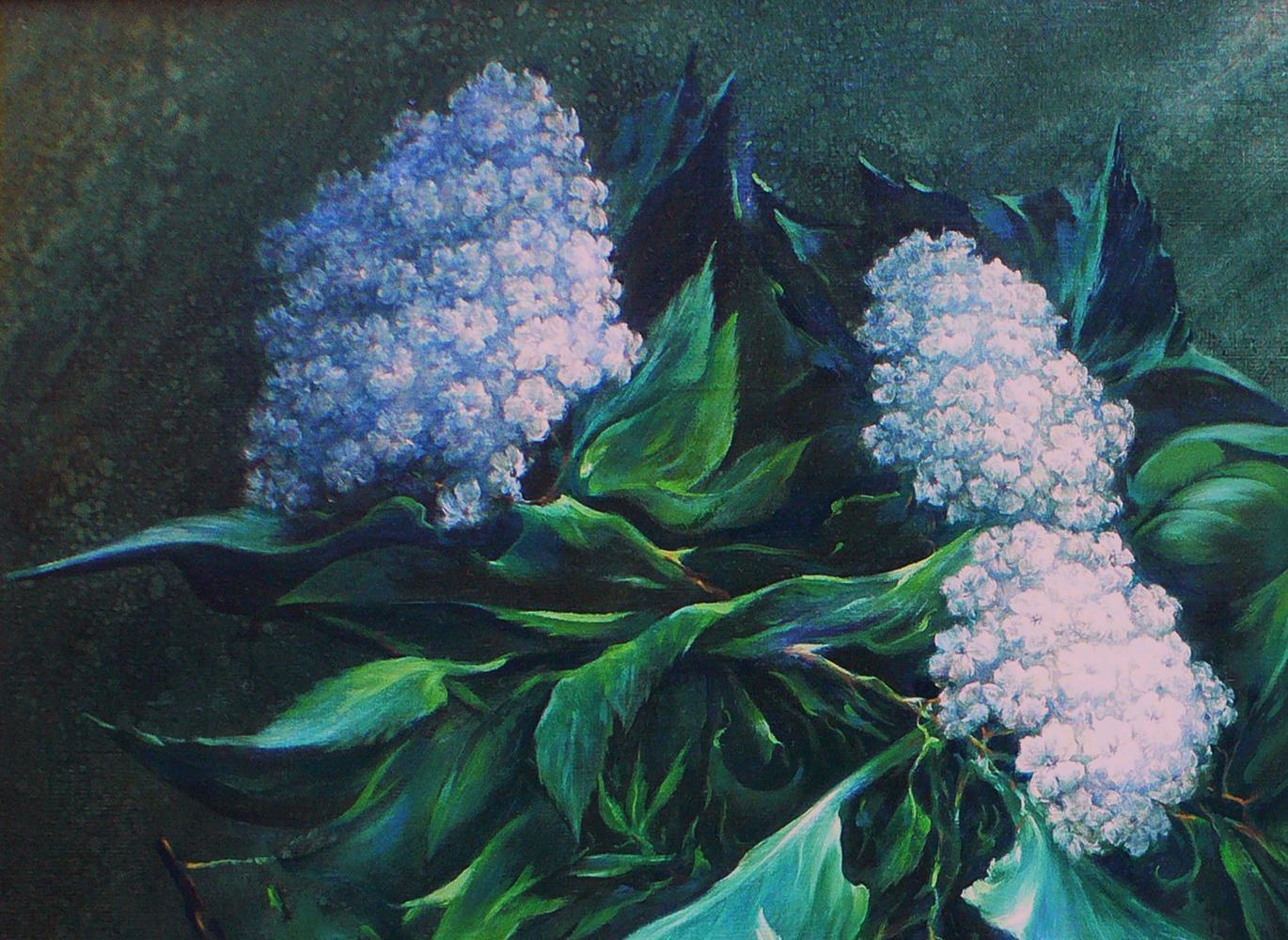 Vibrant oil painting of light blue hydrangeas by Vasily Korkishko