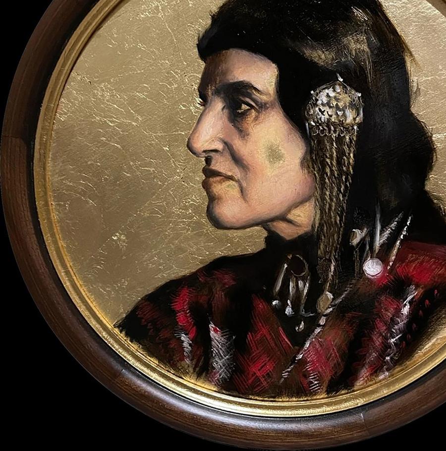Circular portrait of Native American man in profile, oil painting by Annam Butt