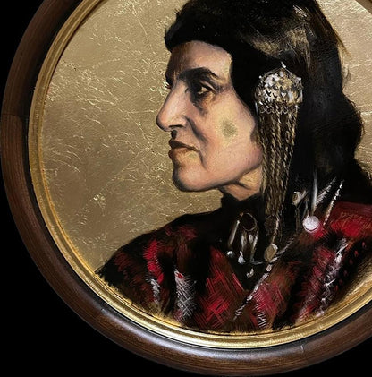Circular portrait of Native American man in profile, oil painting by Annam Butt