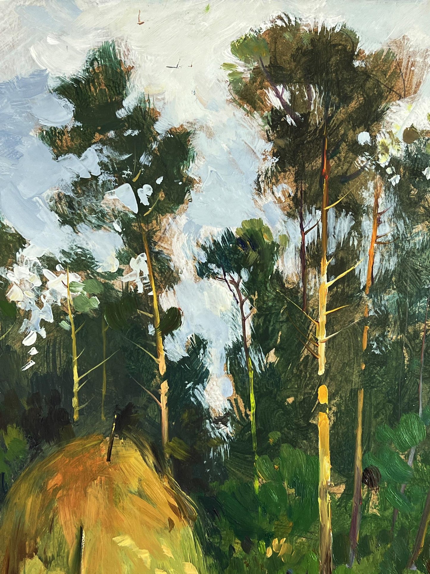 Oil painting The road to the forest by Yuriy Suprunchuk with pine trees