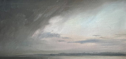 Oil painting A storm is coming by Tatyana Derdey moody swirling clouds over shoreline