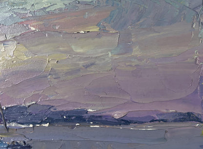 Abstract textured oil painting of yacht in evening sky by Boris Serdyuk