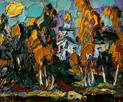 Vibrant impressionist oil painting by Oksana Ivanyuk with white house and autumn trees