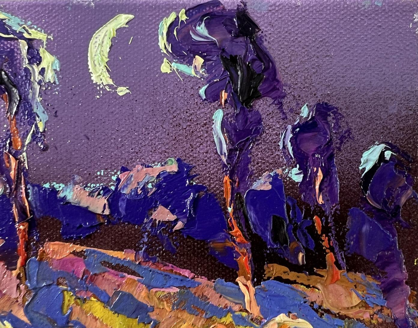 Oil painting Blue autumn night by Oleksiy Ivanyuk with purple sky and moon