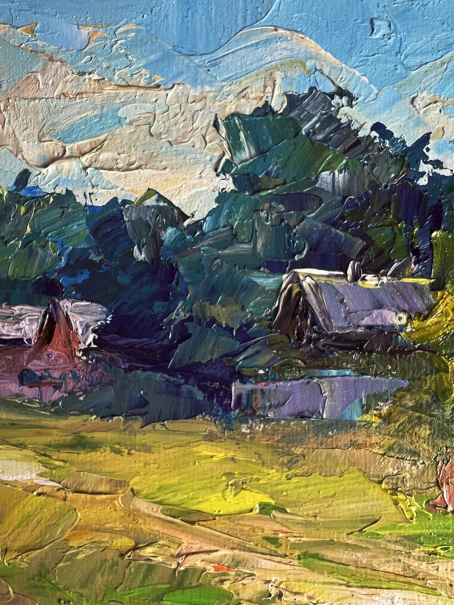 Textured impressionist oil painting of red cow near houses by Boris Serdyuk