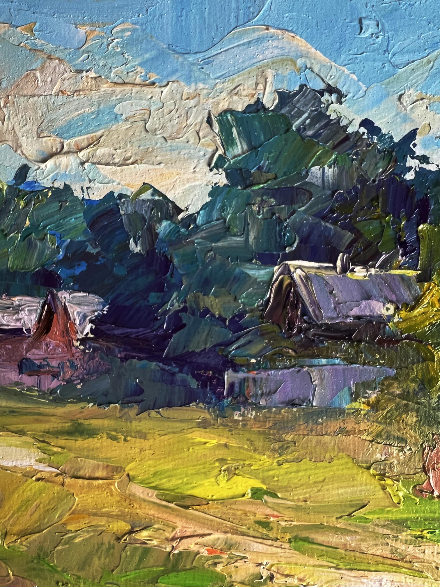 Textured impressionist oil painting of red cow near houses by Boris Serdyuk
