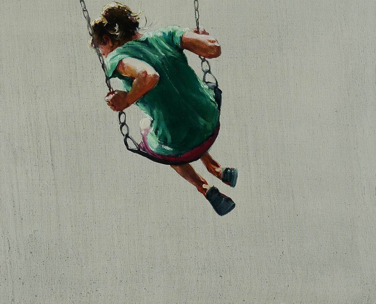 Oil painting of child in green dress swinging, by Oleg Kateryniuk