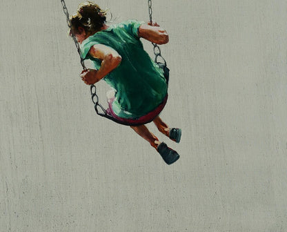 Oil painting of child in green dress swinging, by Oleg Kateryniuk