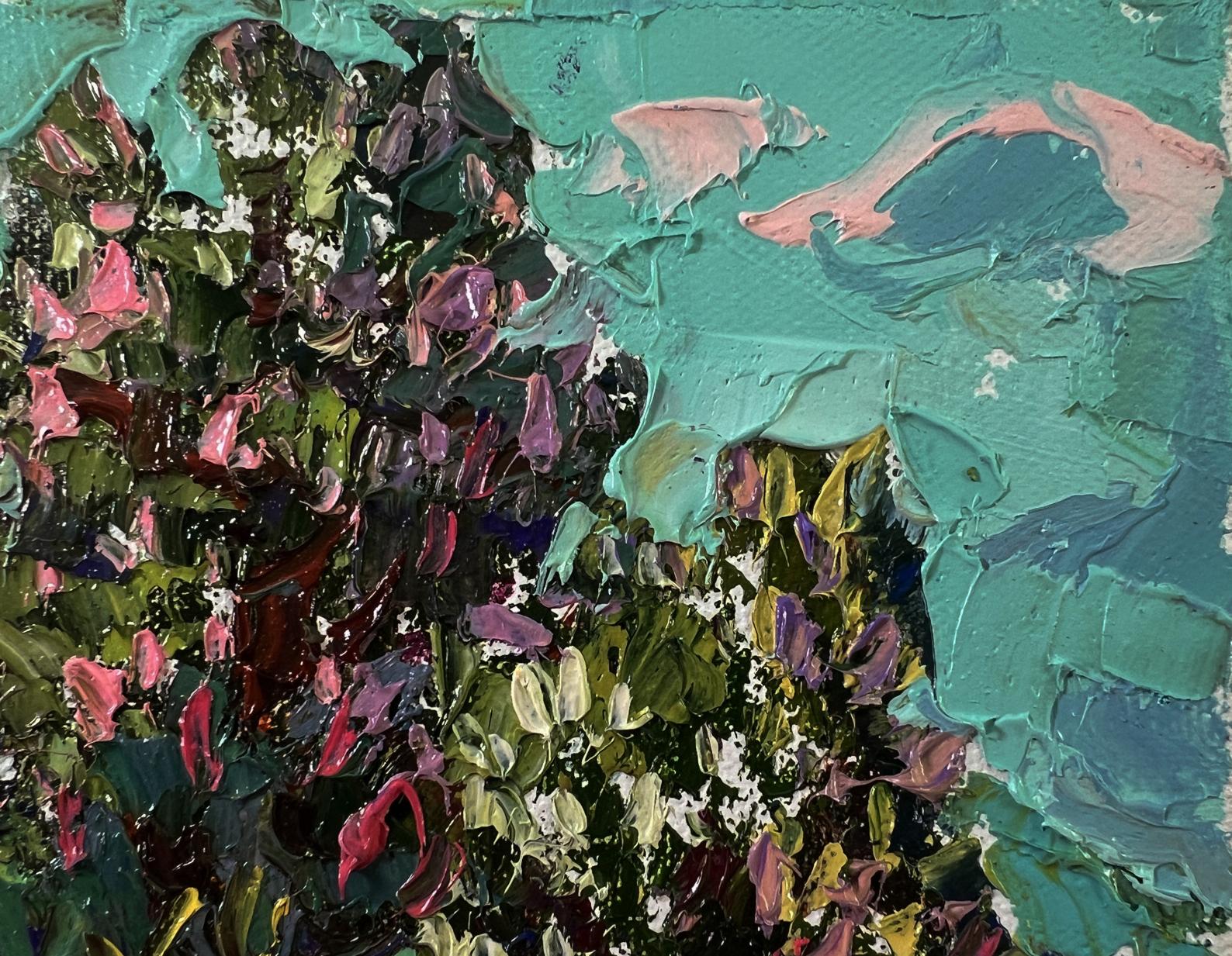 Textured impasto oil painting of flowering chestnut trees by Oksana Ivanyuk