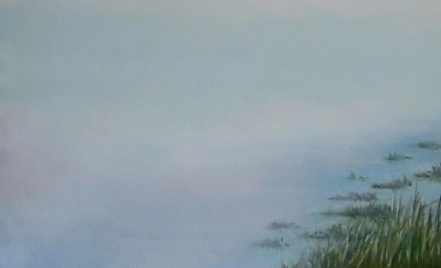 Oil painting Dawn of the River by Vasily Korkishko misty grassy landscape