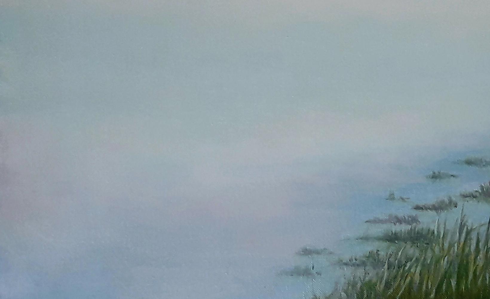 Oil painting Dawn of the River by Vasily Korkishko misty grassy landscape