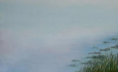Oil painting Dawn of the River by Vasily Korkishko misty grassy landscape
