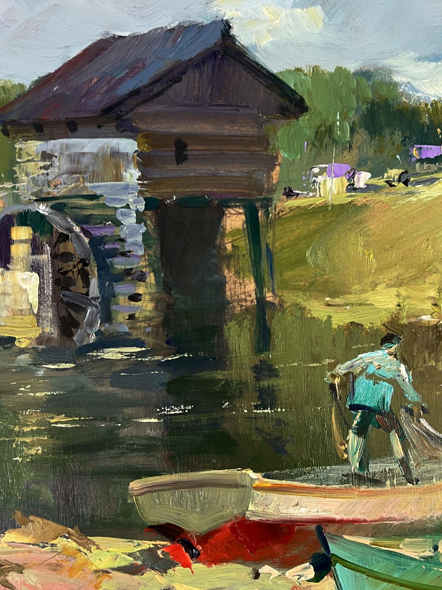 Oil painting of rustic watermill by Yuriy Suprunchuk near fishing village