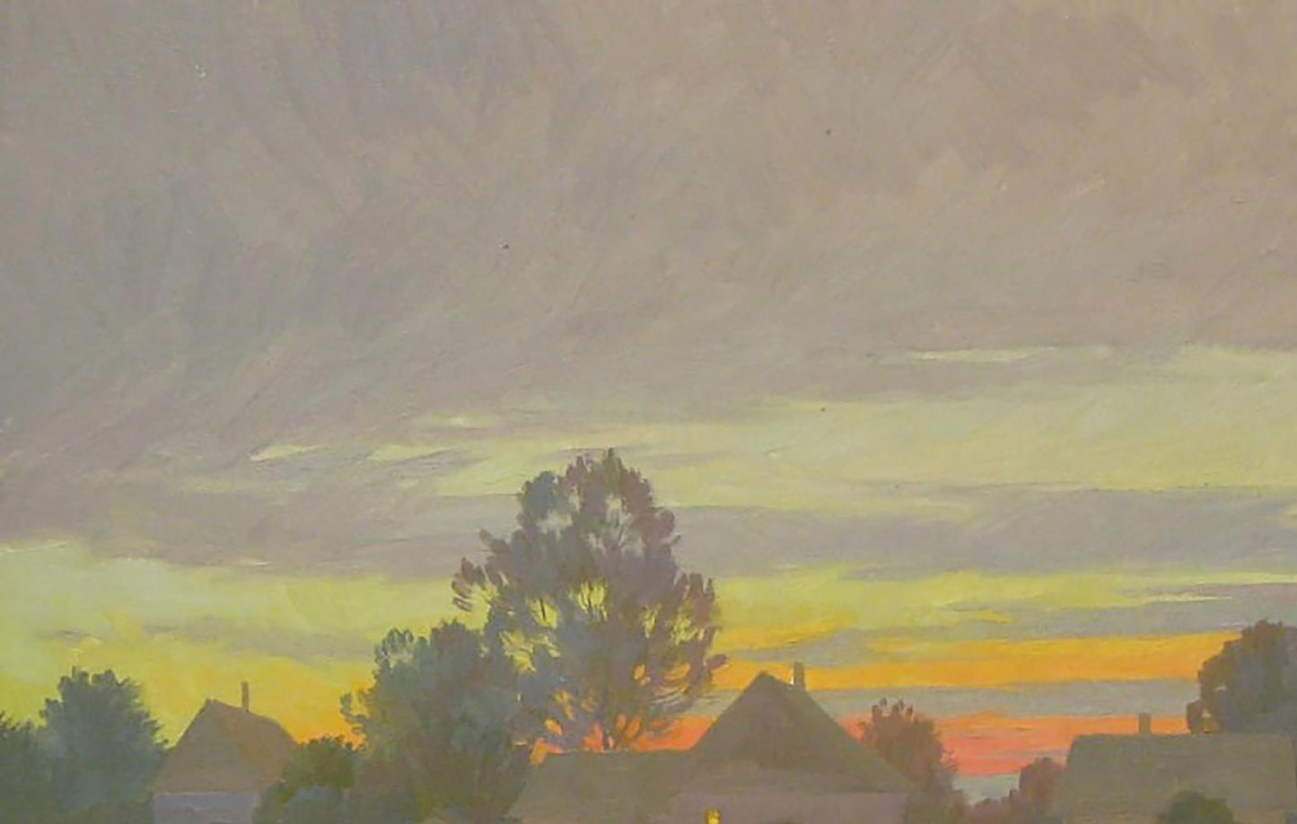 Oil painting August evening by Valery Savenets sunset over rooftops