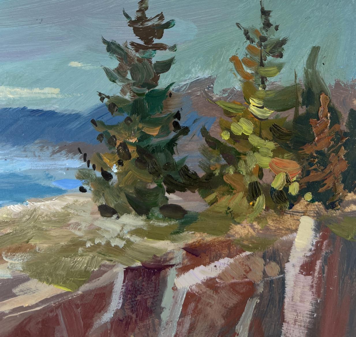Oil painting Between the sky and the sea by Yuriy Suprunchuk, two coniferous trees