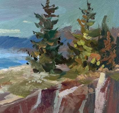 Oil painting Between the sky and the sea by Yuriy Suprunchuk, two coniferous trees