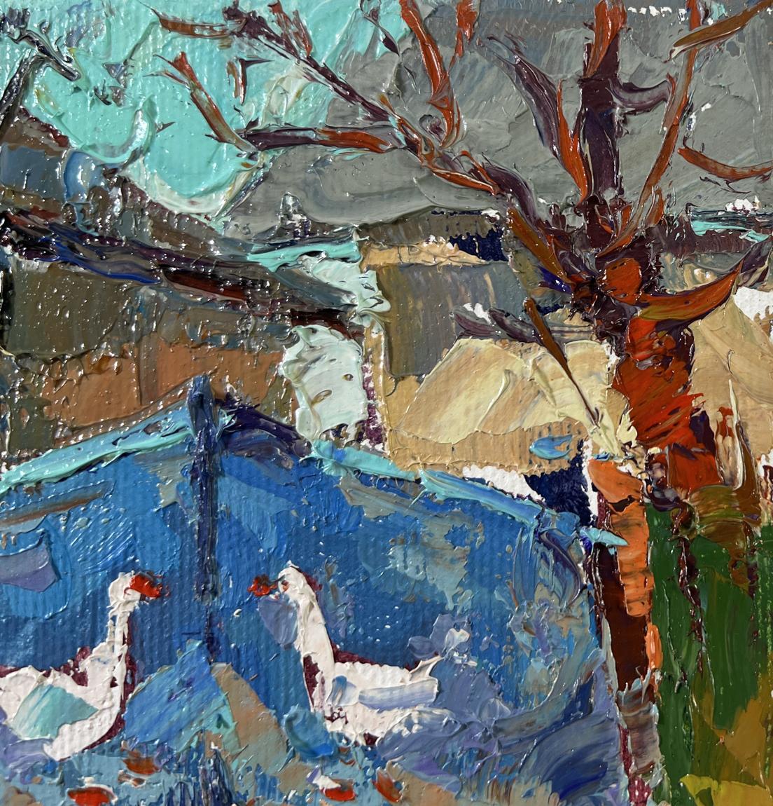 Oil painting Silence of Waiting by Oksana Ivanyuk with white geese