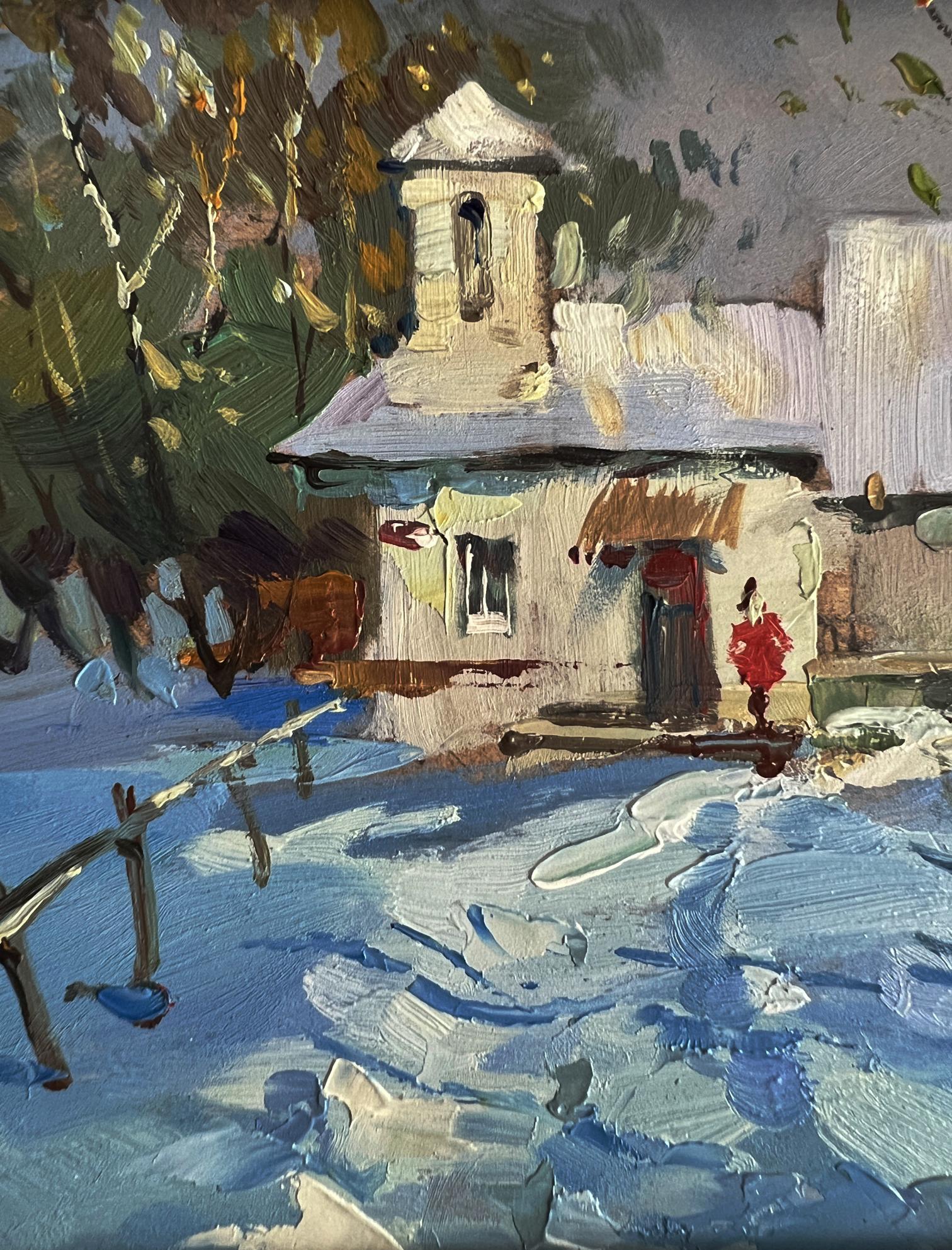 Oil painting of snow-covered cottage after winter snowstorm by Yuriy Suprunchuk