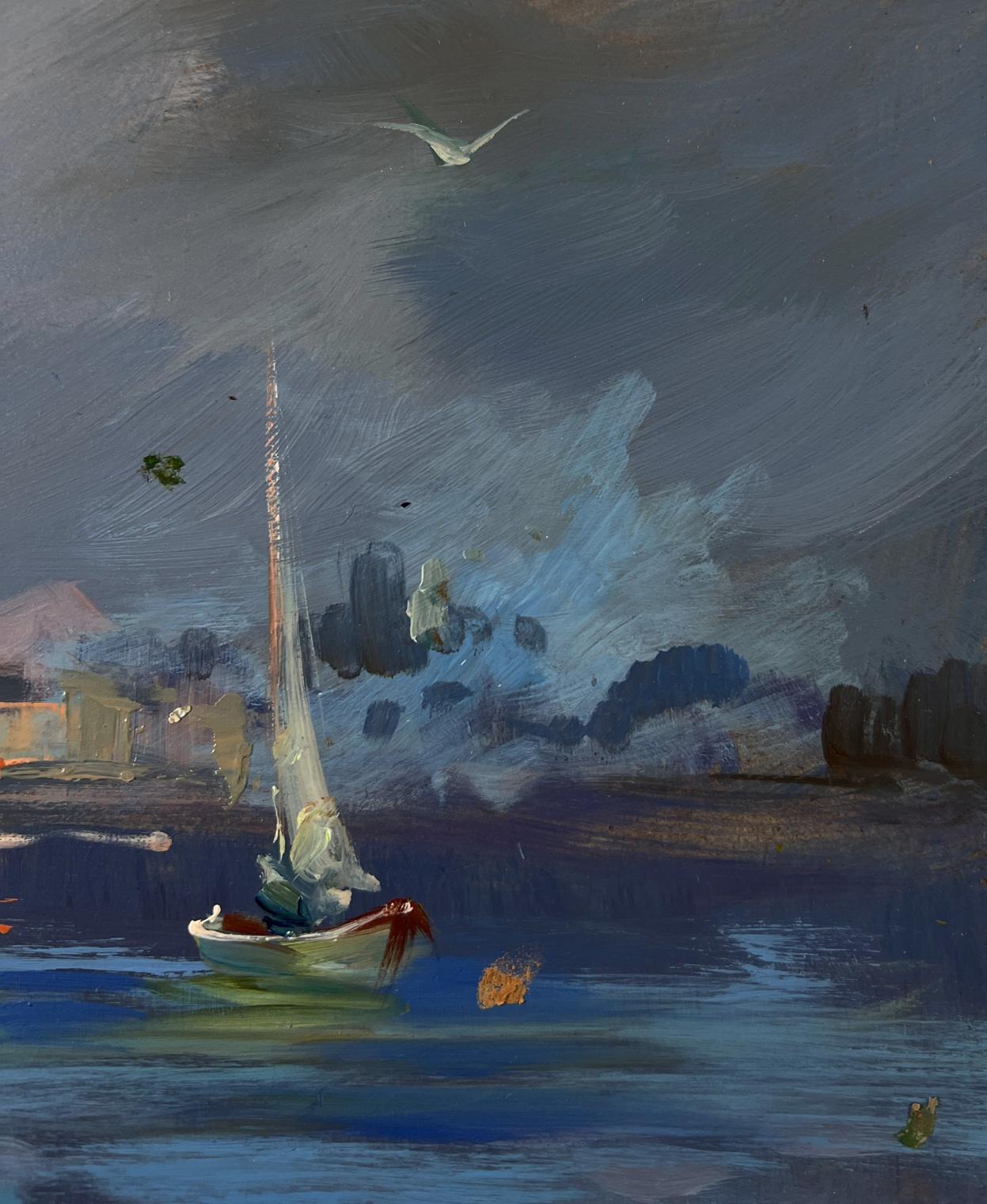 Oil painting of white sailboat in Venice by Yuriy Suprunchuk
