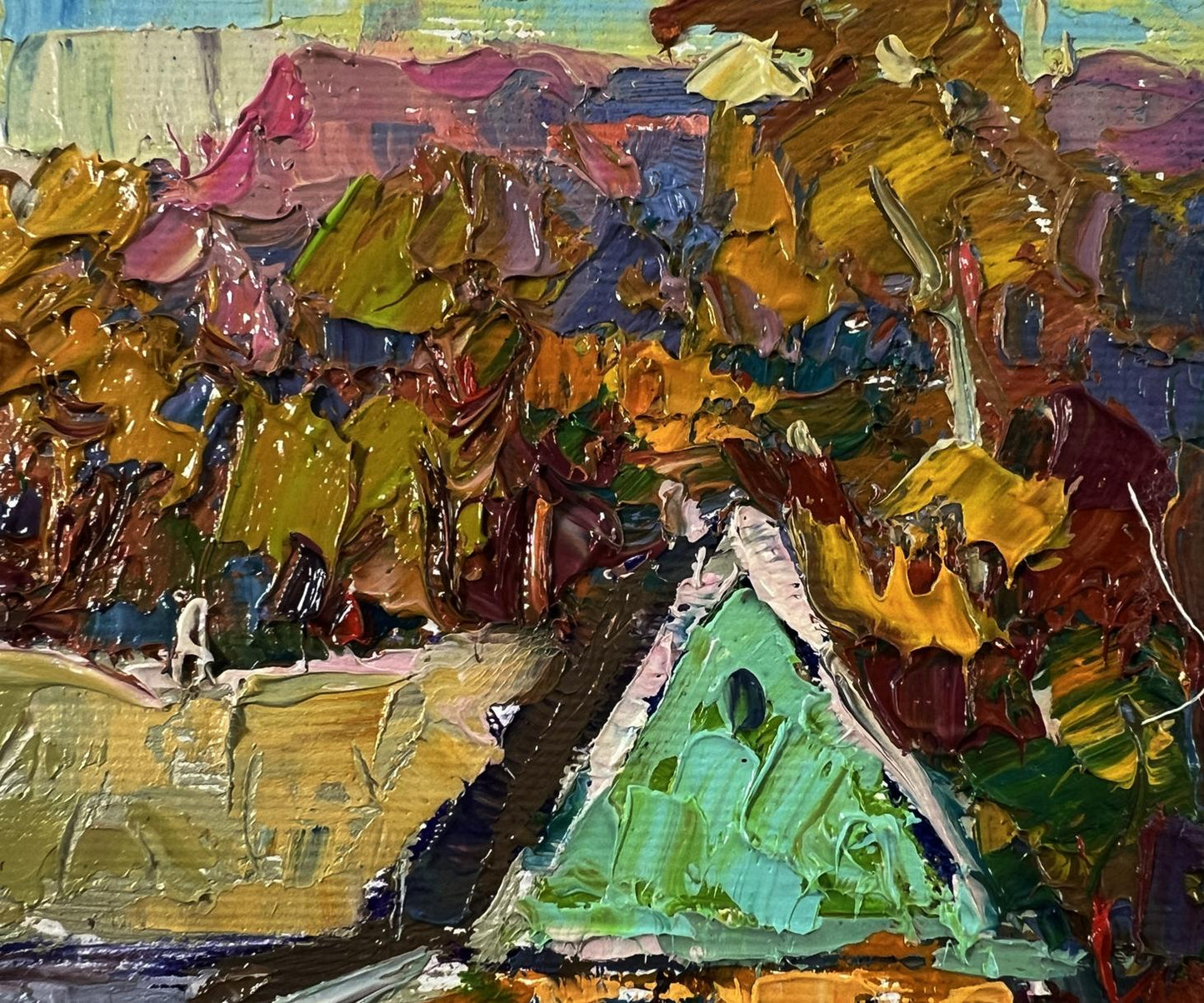 Oil painting Neighbors house by Oksana Ivanyuk green roof autumn trees