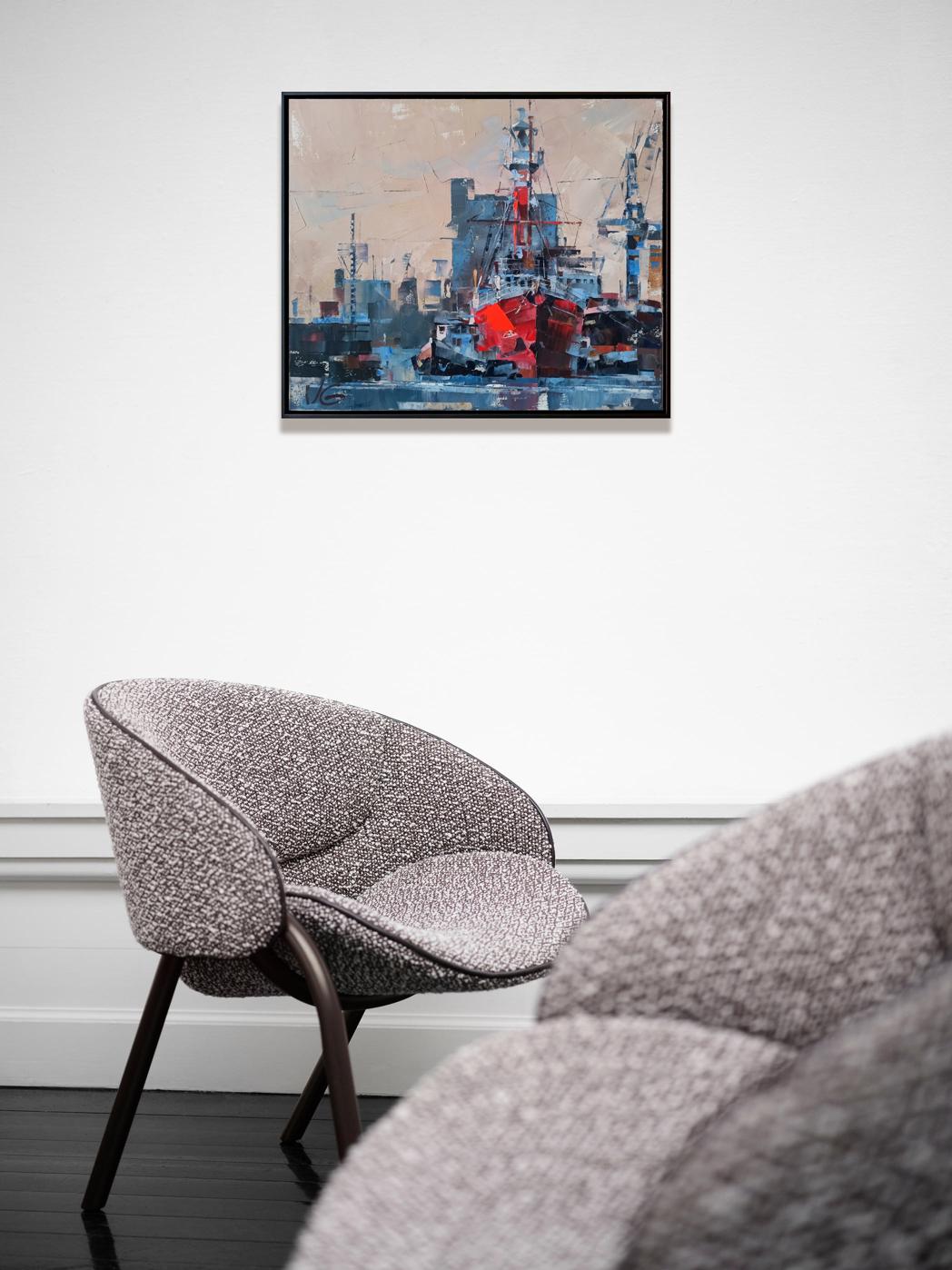 Gray textured fabric armchair with dark wooden legs by Volodymyr Gluhomanyuk