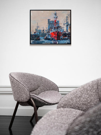 Gray textured fabric armchair with dark wooden legs by Volodymyr Gluhomanyuk