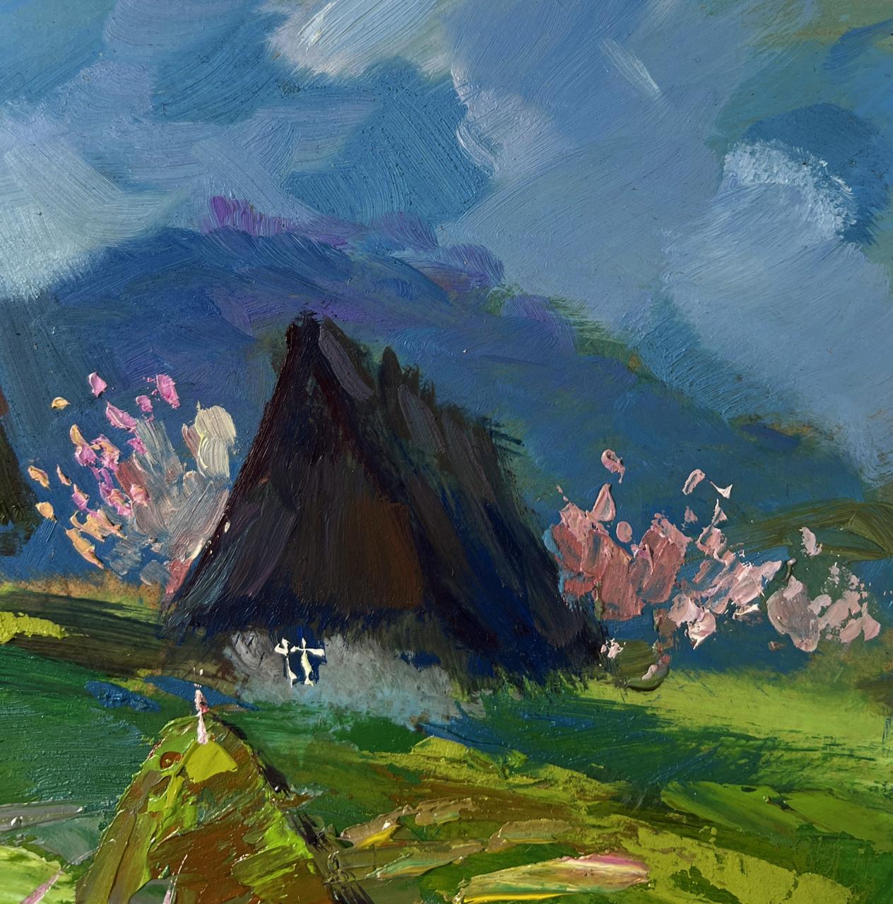 Oil painting of quiet village on green hill by Yuriy Suprunchuk