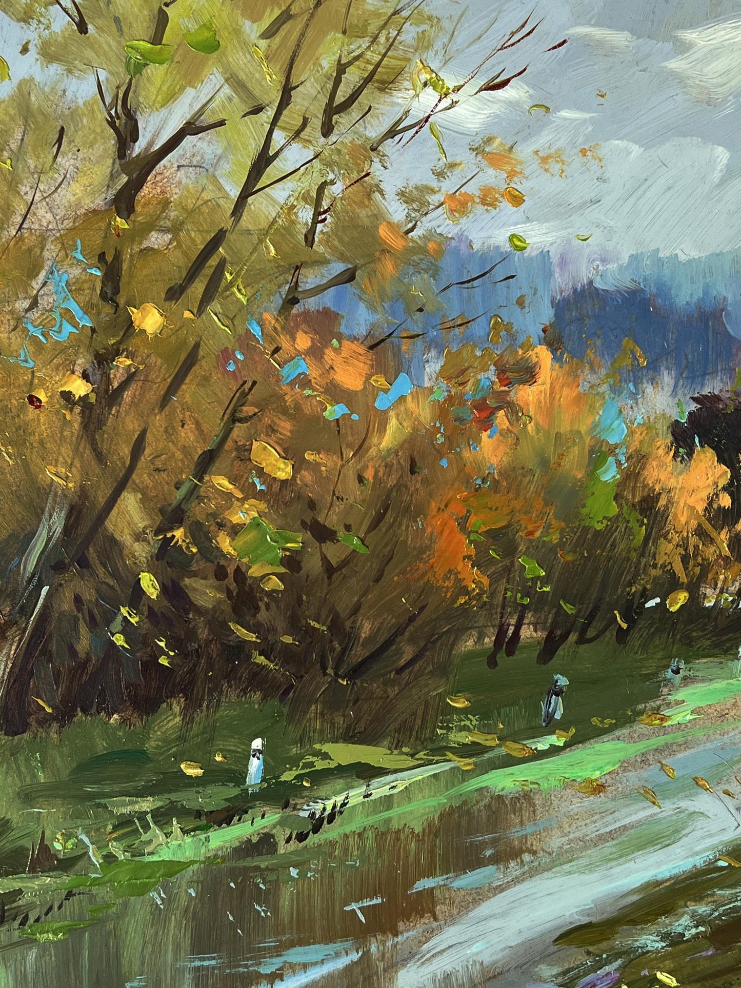 Oil painting of autumn forest by Yuriy Suprunchuk with golden orange leaves