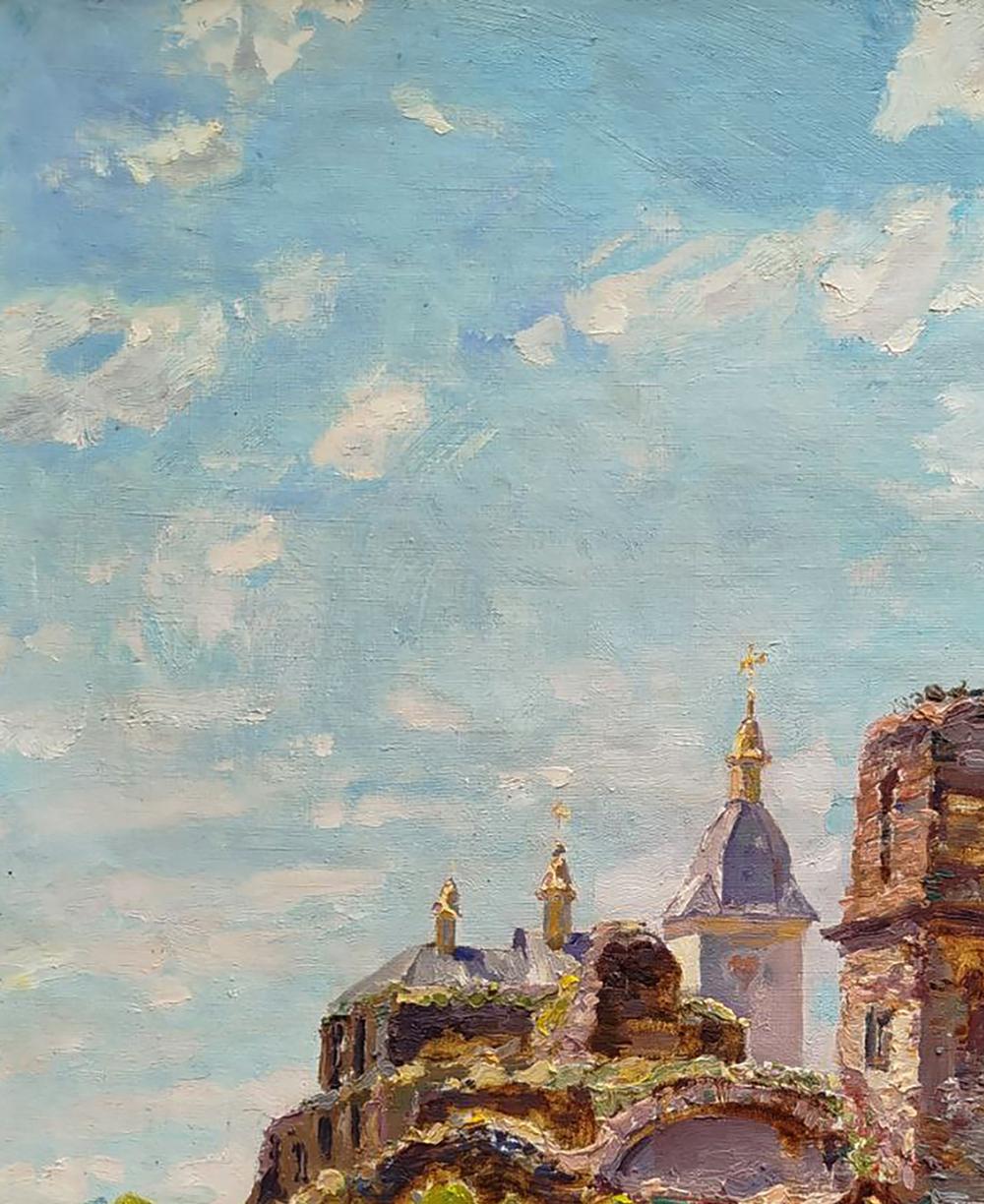 Oil painting by Leonid Pavlenko: weathered stone church with golden dome