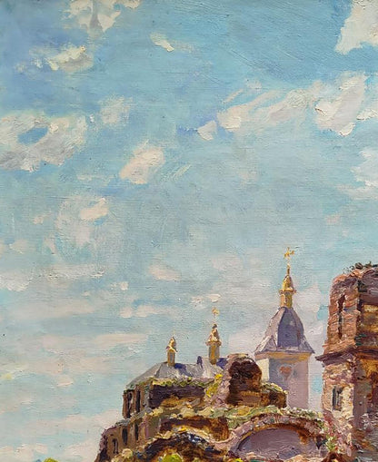 Oil painting by Leonid Pavlenko: weathered stone church with golden dome