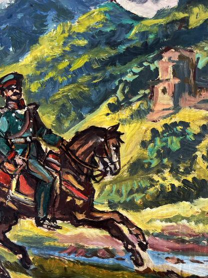 Vibrant impressionist oil painting of warrior soldier on horse by Alexander Litvinov