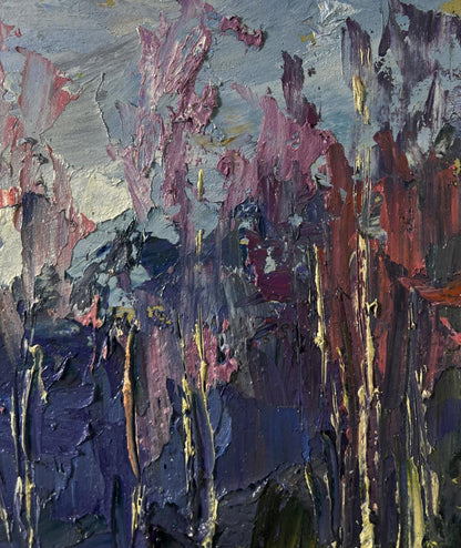 Oil painting The road to the forest by Boris Serdyuk, abstract purples blues pinks gold