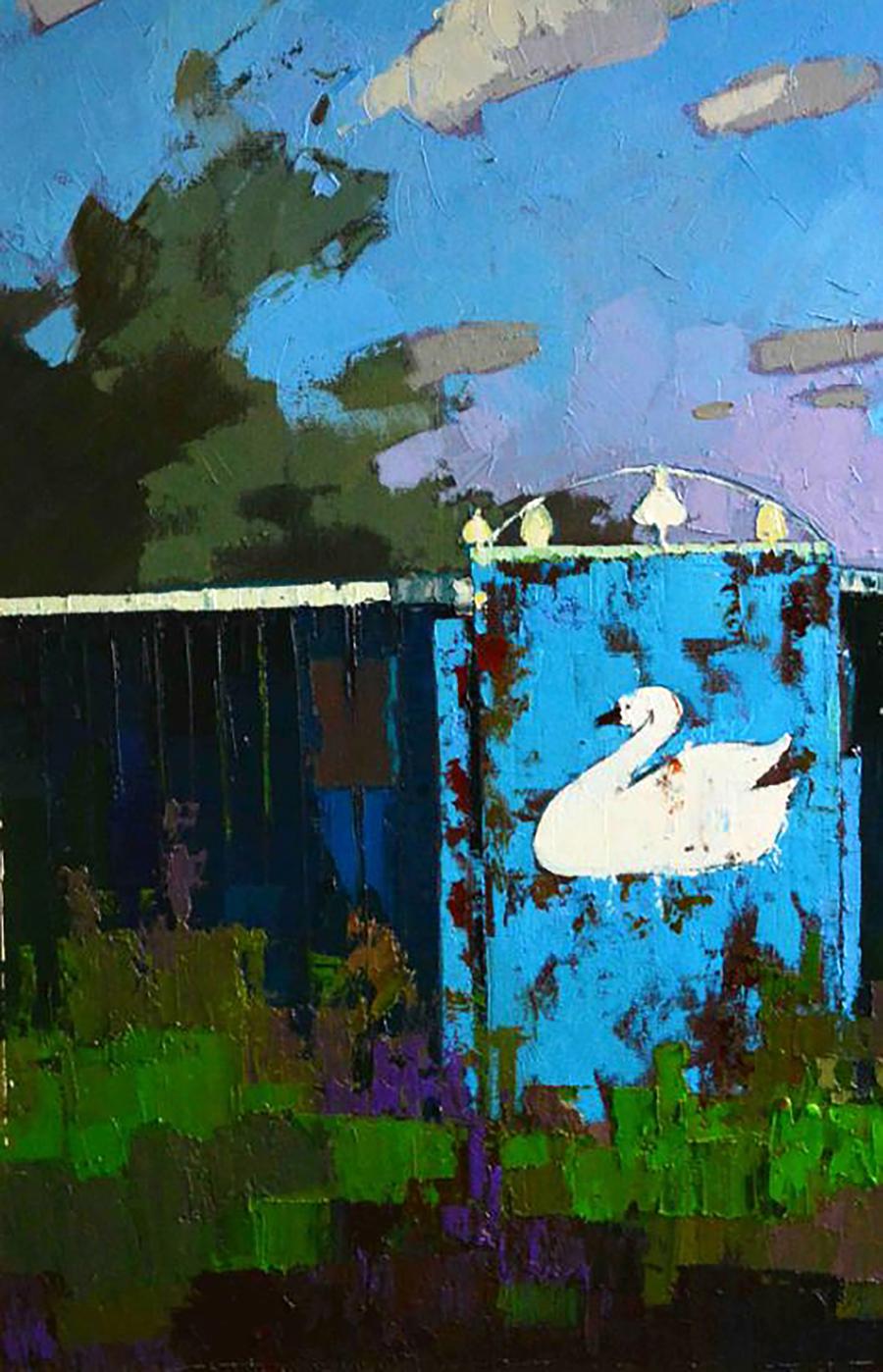 White swan oil painting Time Passes by Natalia Korf-Ivaniuk on weathered blue gate