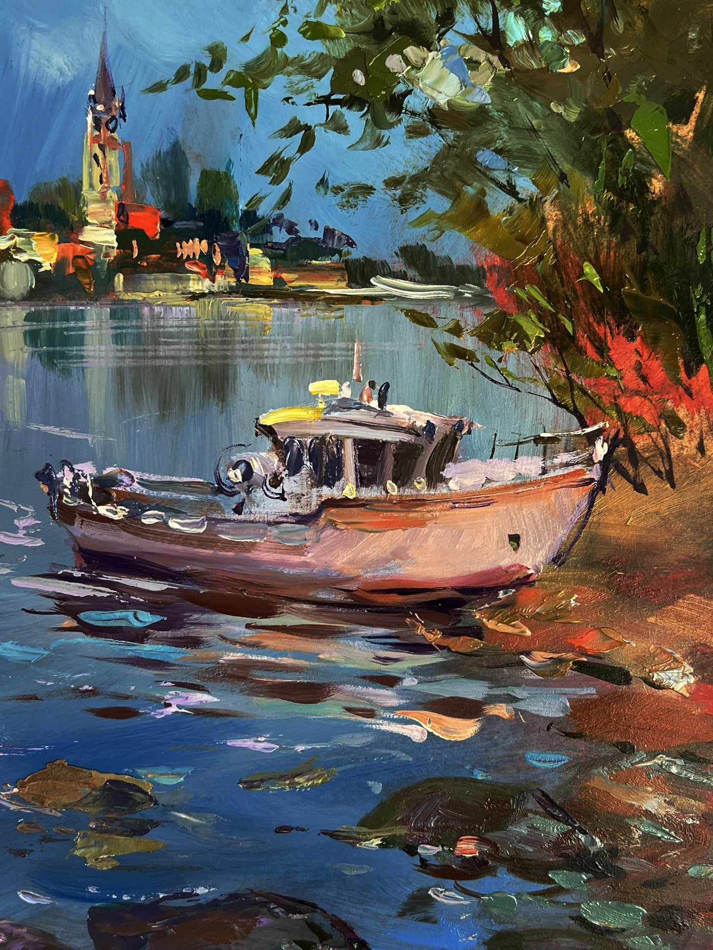 Oil painting of rustic wooden fishing boat near shore by Yuriy Suprunchuk