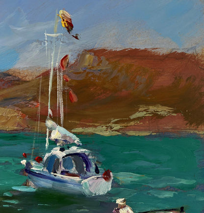 Oil painting of white sailboat with blue trim on turquoise water by Yuriy Suprunchuk