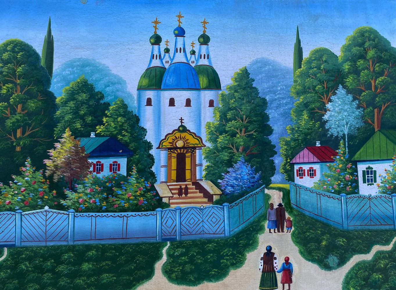 Oil painting Sunday trip to church: white church with blue green domes and trees