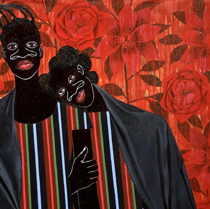 Black figures in coat over striped shirt in Support Among the Red Flowers by Akintomide Akinshola
