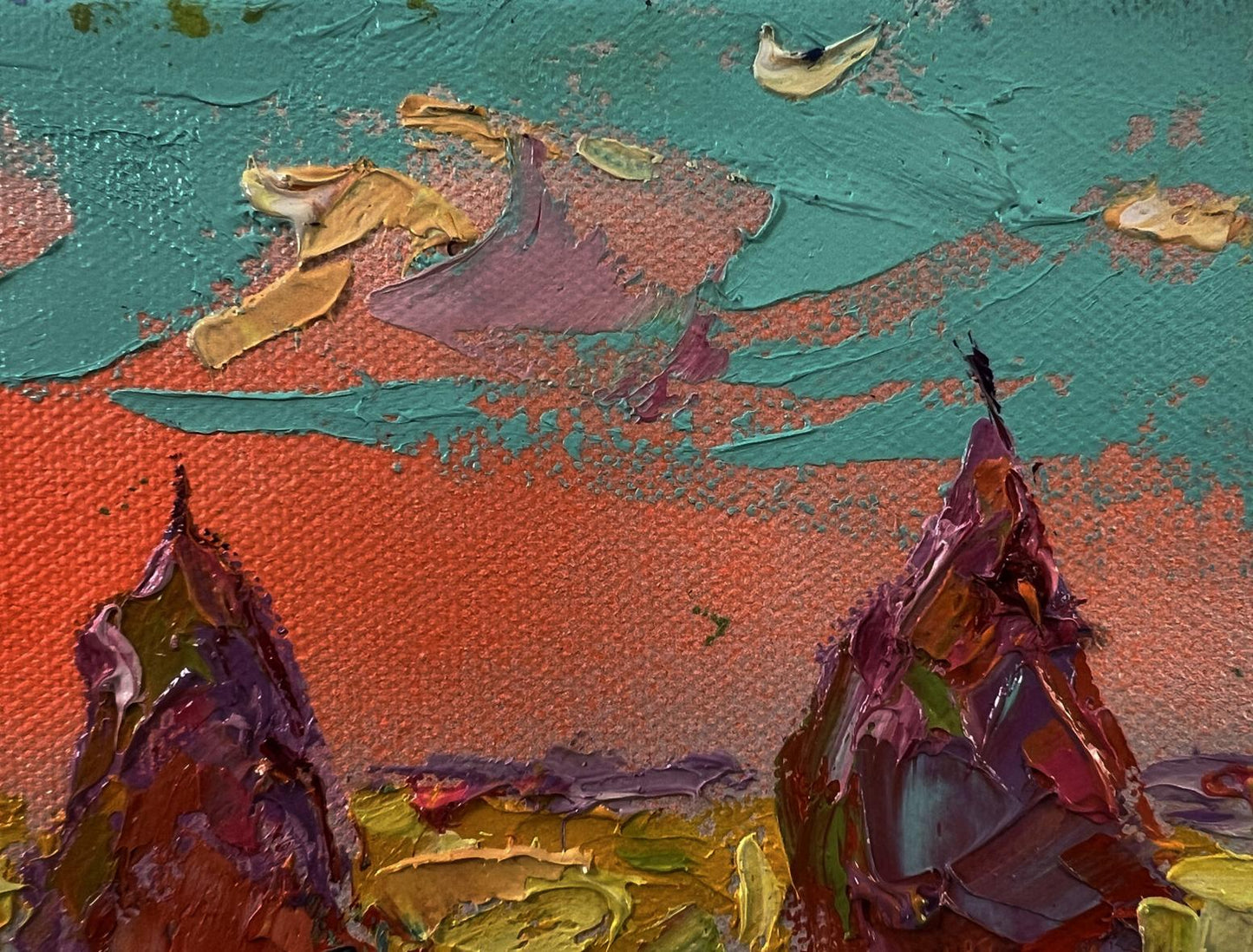Oil painting Bright summer dawn by Oleksiy Ivanyuk, teal orange purple landscape