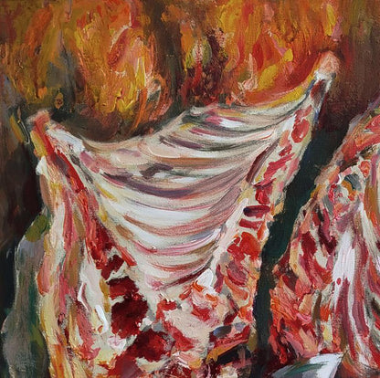 Abstract ribcage painting Cutting meat by Leonid Pavlenko in red white orange tones