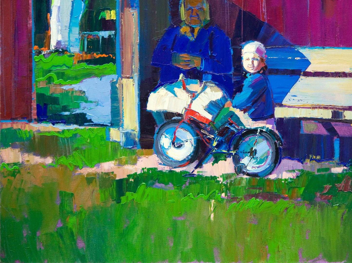 Oil painting Visiting the village by Natalia Korf-Ivaniuk: elderly woman and child on colorful tricycle