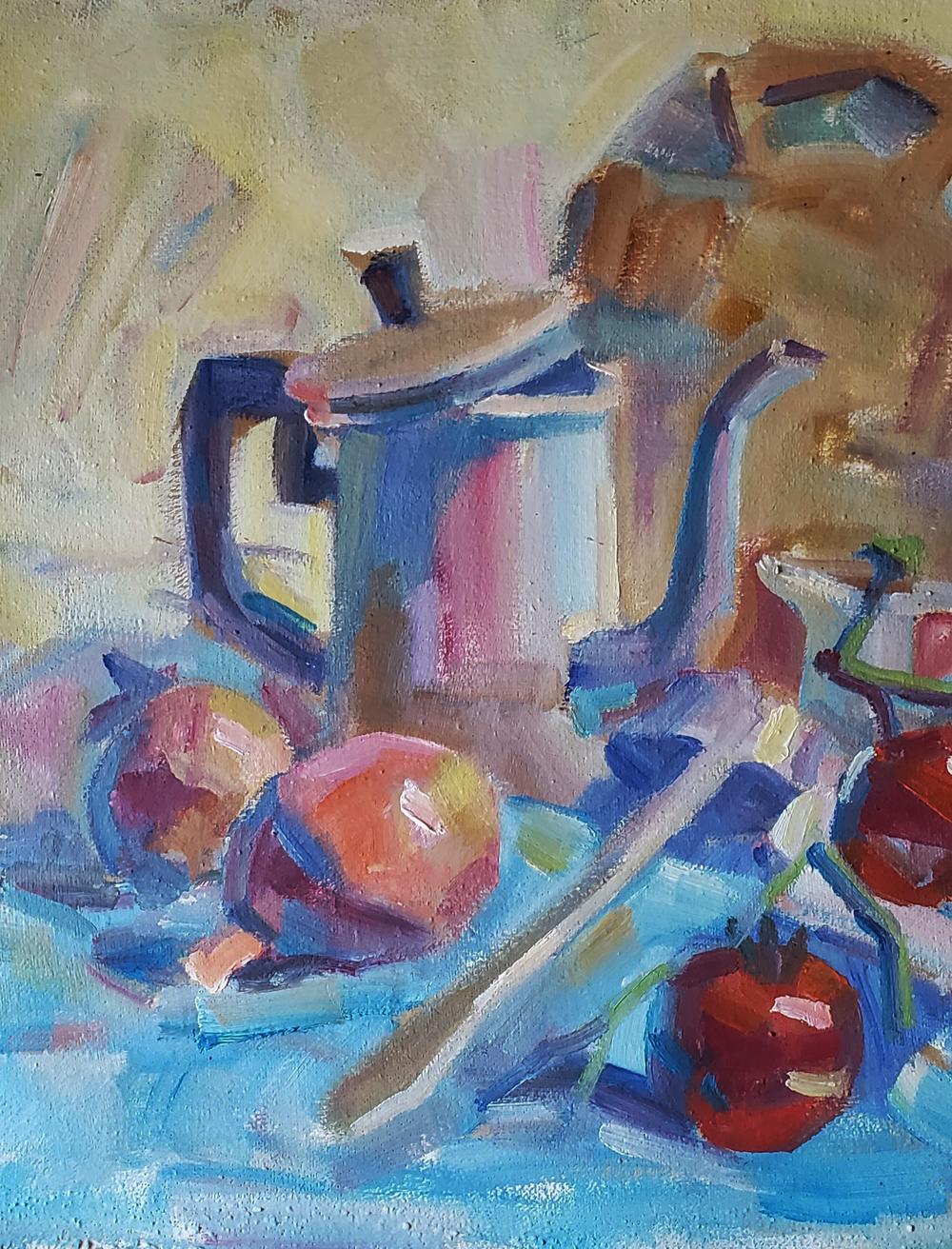 Impressionistic oil painting of silver teapot by Daniil Litvinov