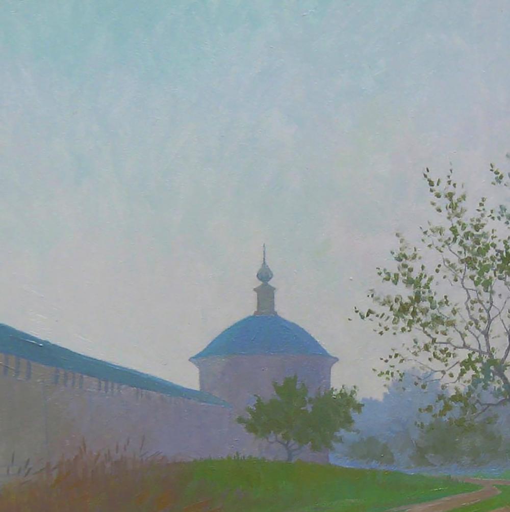 Oil painting September autumn morning by Valery Savenets: misty church with blue dome