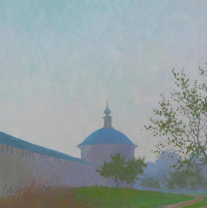 Oil painting September autumn morning by Valery Savenets: misty church with blue dome