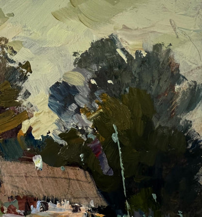 Oil painting of country house by Yuriy Suprunchuk, textured greens and browns