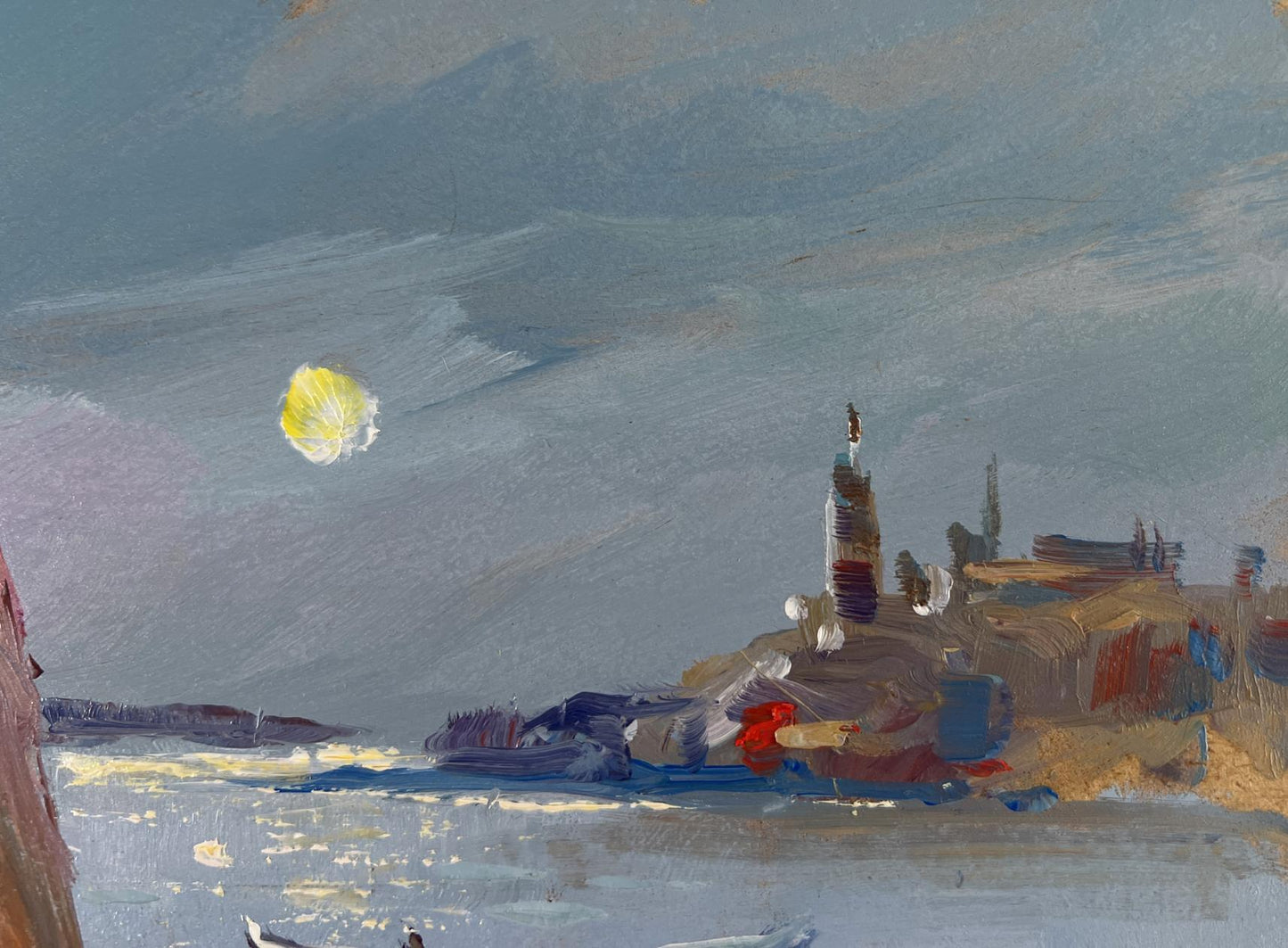 Oil painting of boats under moon by Yuriy Suprunchuk coastal scene